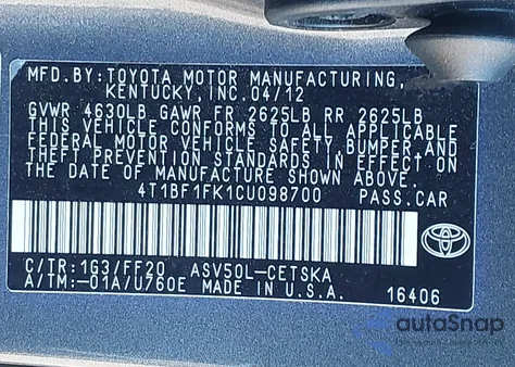 2012 Toyota Camry Se z USA, uszkodzony, nr VIN 4T1BF1FK1CU098700